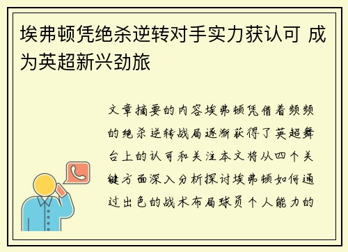 埃弗顿凭绝杀逆转对手实力获认可 成为英超新兴劲旅