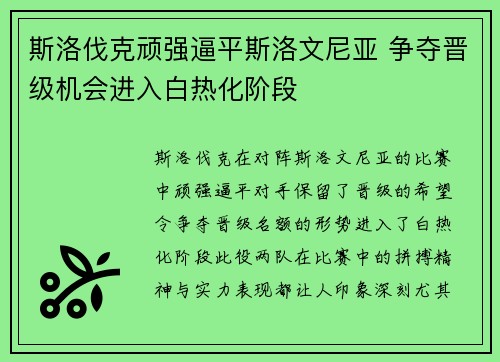斯洛伐克顽强逼平斯洛文尼亚 争夺晋级机会进入白热化阶段