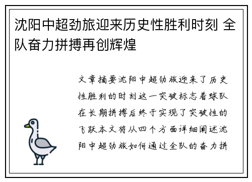沈阳中超劲旅迎来历史性胜利时刻 全队奋力拼搏再创辉煌