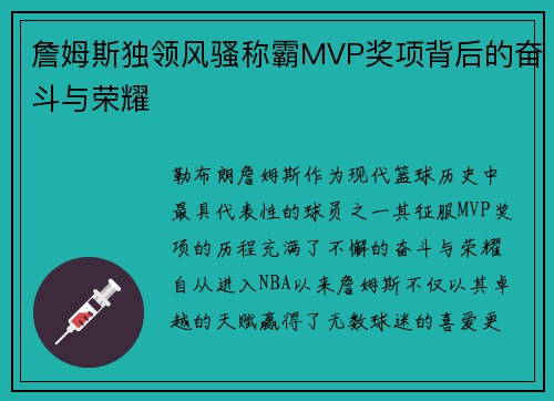 詹姆斯独领风骚称霸MVP奖项背后的奋斗与荣耀