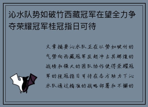 沁水队势如破竹西藏冠军在望全力争夺荣耀冠军桂冠指日可待