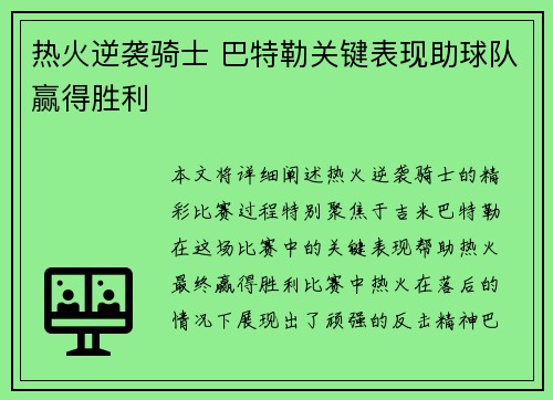 热火逆袭骑士 巴特勒关键表现助球队赢得胜利